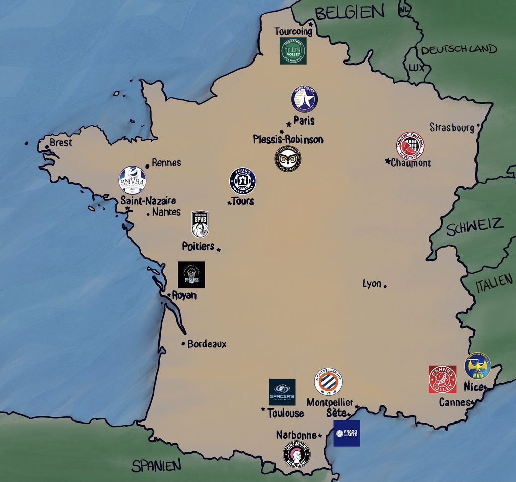 Die geografische Lage der französischen Volleyball-Clubs im Überblick.